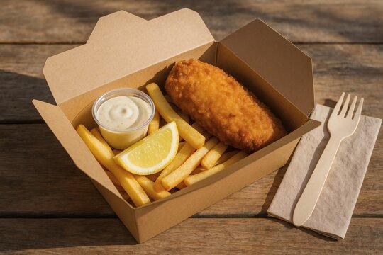 Crispy Vegan Banana Blossom Fish and Chips in Eco Friendly Box on Wooden Table at Noon