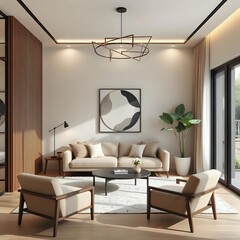 modern japandi micro studio, minimalist neutral interior, geometric wall decor, functional modular furniture, soft brown tones, elegant living