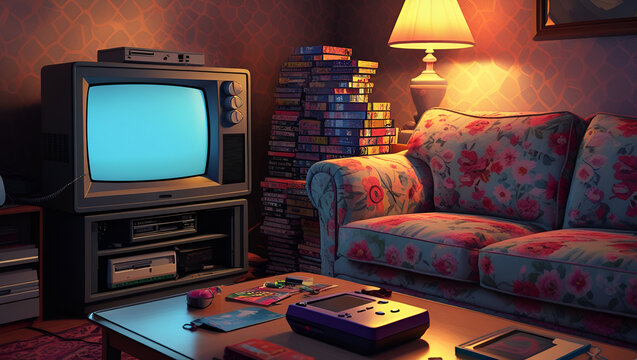 Cozy 1990s Living Room with CRT TV, VHS Tapes, and Retro Decor – Vintage Nostalgia Scene

