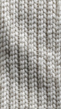 Close-up of white knitted fabric texture showing detailed yarn patterns and soft cozy material, highlighting textile craftsmanship and delicate fiber structure