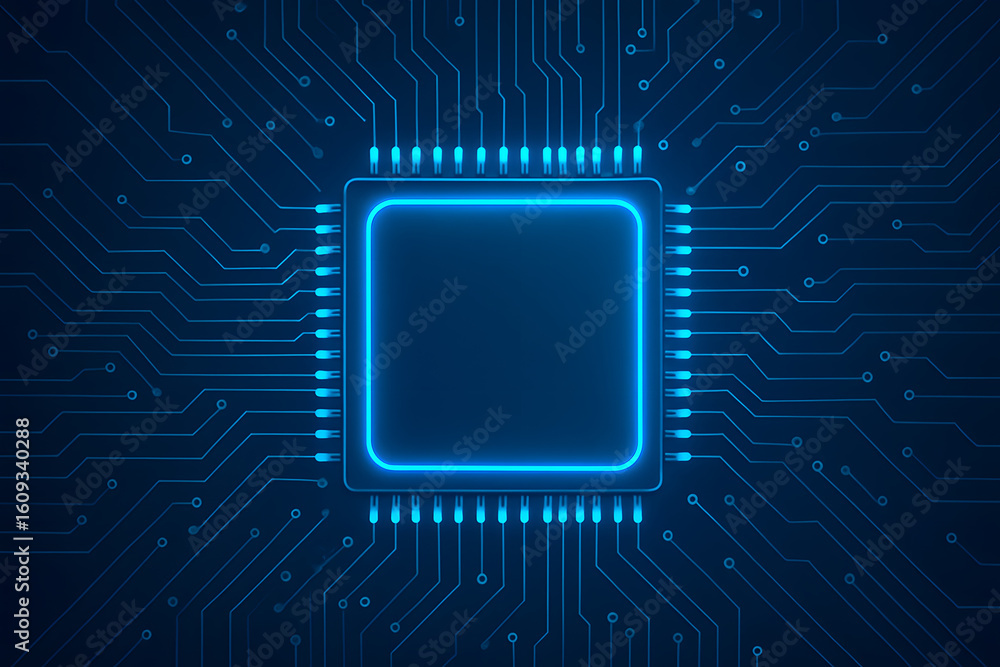 Poster cyber core: a neon-lit, futuristic computer processor pulses with digital energy, showcasing the int
