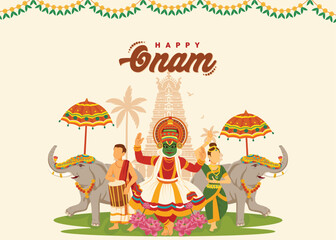 Happy Onam Festival concept, Happy Onam Post and Greeting Card, Kerala festival happy onam with people making flower decoration.