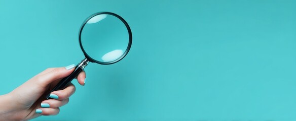 The magnifying glass held by a hand against a teal background.