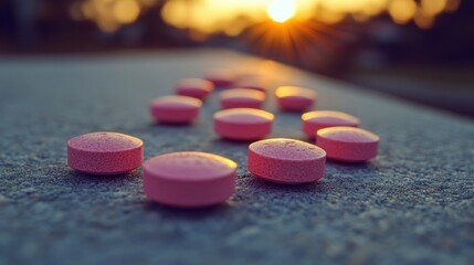 Pink pills scattered on a surface at sunset.