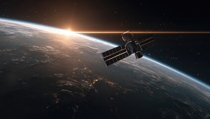 Space station orbiting Earth at sunrise