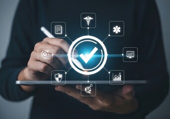 Digital health technology innovation showcasing medical icons and a centralized checkmark of approval