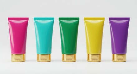 Fototapeta premium Colorful cosmetic tubes lined up against a white background