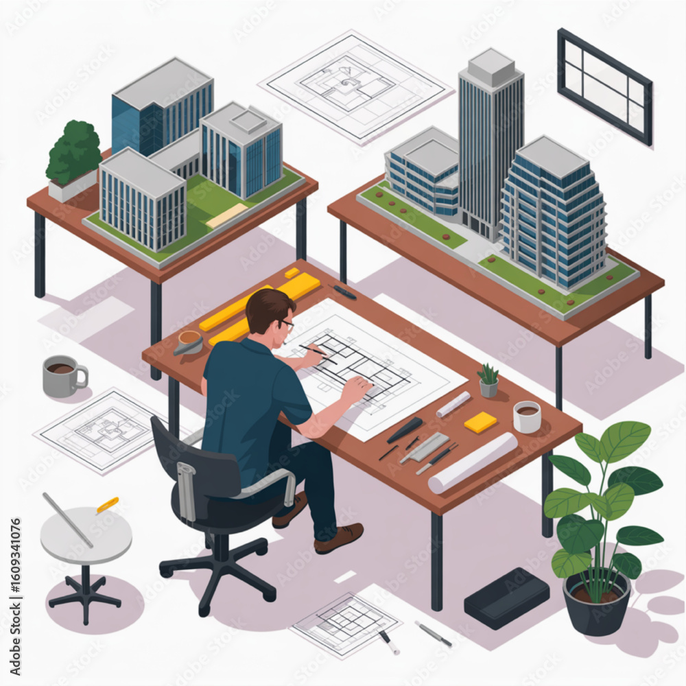 Poster professional architect working on building designs with architectural models in isometric view for m