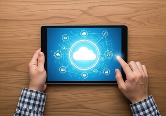 Hands holding a tablet displaying a glowing cloud computing network with interconnected service icons on a wooden surface