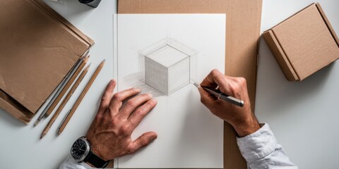 Artist sketches a geometric box design using pencils on a clean workspace in bright light