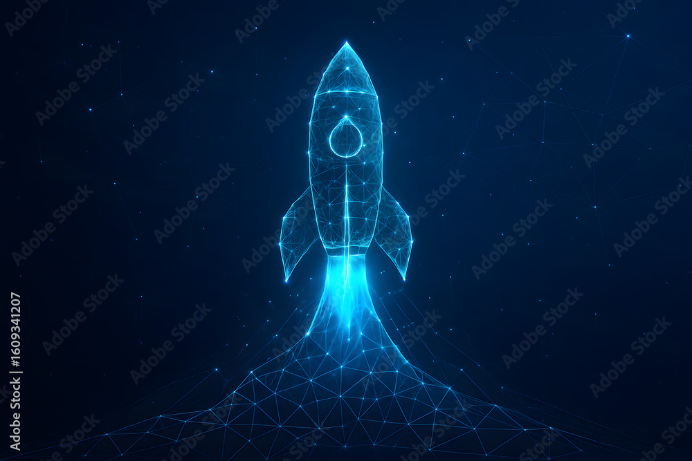 Poster digital ascent: a futuristic rocket takes off, its form crafted from a network of interconnected poi