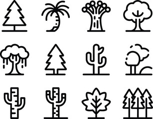 Fototapeta premium Collection of stylized outline icons representing various types of trees and plants