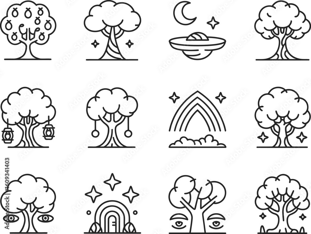 Poster collection of hand drawn tree icons with nature and celestial elements