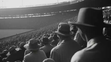 Crowd of men wearing hats attending a sporting event in a classic 1930s stadium. Suitable for historical content, editorial, education, and retro design.