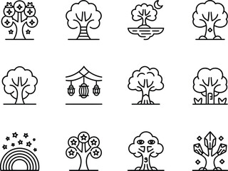 Fototapeta premium Collection of hand drawn tree icons with nature elements and celestial symbols