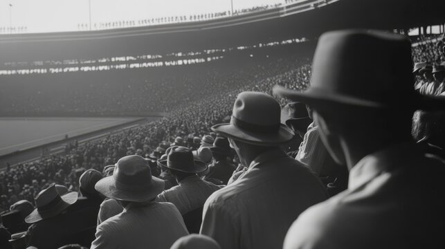 Crowd of men wearing hats attending a sporting event in a classic 1930s stadium. Suitable for historical content, editorial, education, and retro design.
