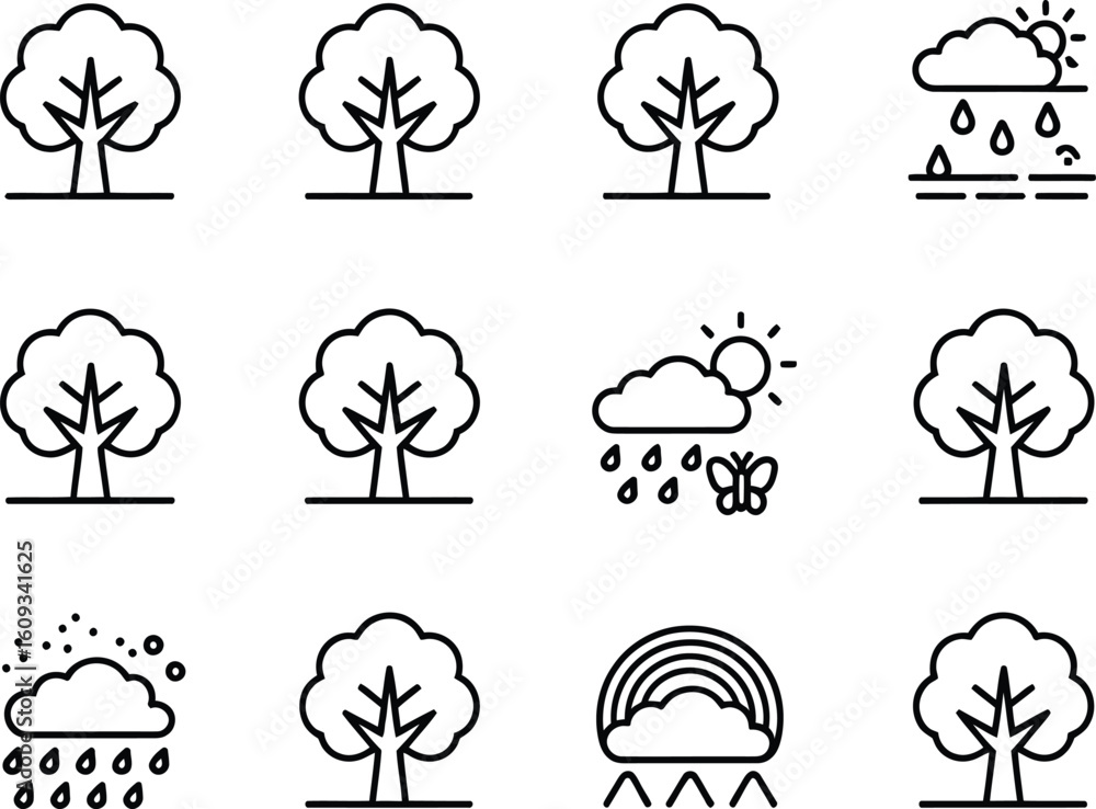 Poster set of nature icons featuring trees and weather elements
