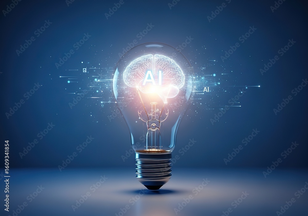 Poster illuminated light bulb with digital data streams symbolizing innovation and bright ideas on a blue b