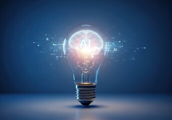 Illuminated light bulb with digital data streams symbolizing innovation and bright ideas on a blue background