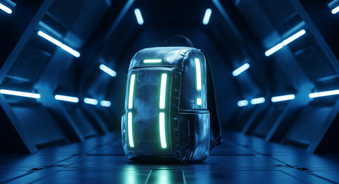 Futuristic backpack with glowing green light strips, presented in a modern, blue-lit, triangular tunnel-like environment.