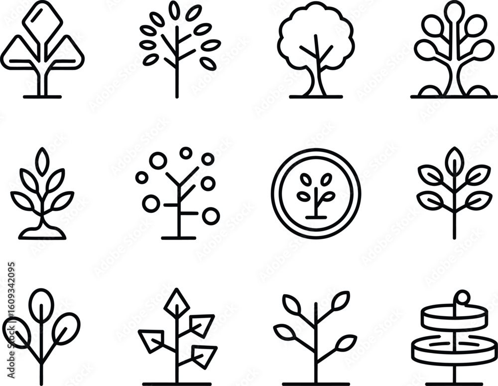 Poster collection of stylized tree icons in a simple line art style
