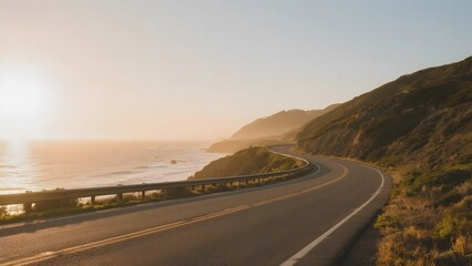 Coastal Highway at Sunset with Ocean and Hills