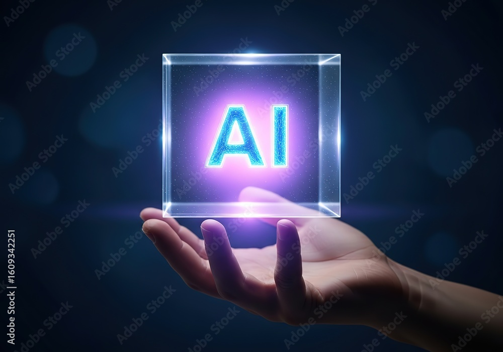 Poster human hand gently holds a glowing transparent cube containing the letters ai symbolizing artificial 