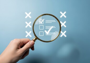 Magnifying glass examines a digital checklist with completed tasks and xs on a blue background representing evaluation