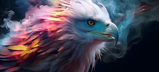 Obraz premium a light White Griffin coming out of the smoke Wireframe, mozaic art, captured from the eyes of AI consciousness