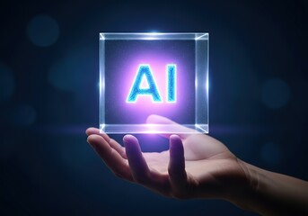 Human hand gently holds a glowing transparent cube containing the letters ai symbolizing artificial intelligence