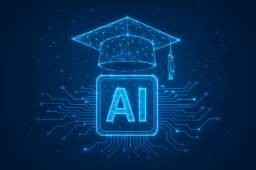 AI education : A conceptual depiction of artificial intelligence education. A graduation cap over an AI chip, illustrating the intersection of technology and learning.