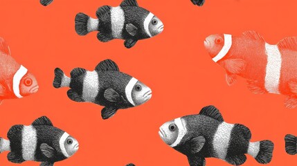 Seamless pattern of hand drawn clownfish swimming on orange background, vintage coastal resort style marine design with white and black striped fish for textile and surface decoration