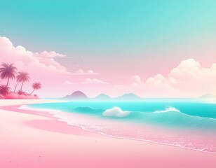Tropical Beach Landscape with Pink Sand, Turquoise Waves, and Floating Islands