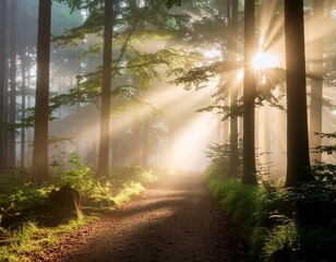 Foggy Morning Forest Path with Sunbeams and Realistic Nature Scenery