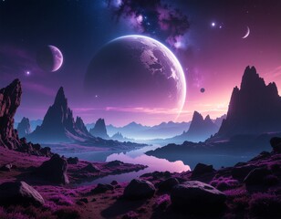 Sci-Fi Alien Planet Landscape with Purple Skies, Moons, and Floating Rocks