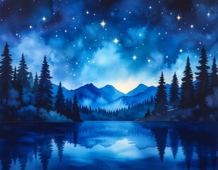 Mystical Mountain Lake at Night with Reflected Stars