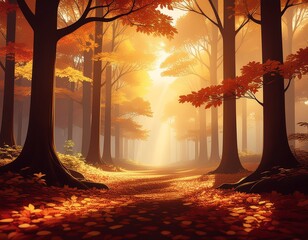 Cozy Autumn Forest with Fallen Leaves and Golden Hour Sunlight