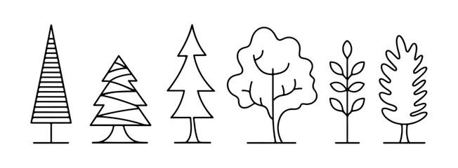 tree icon set with outline forest and plant symbols