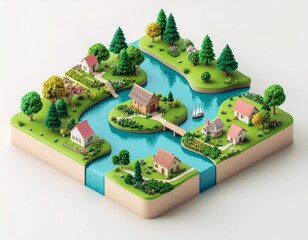 Minimal Isometric Landscape with Rivers, Trees, and Village Houses
