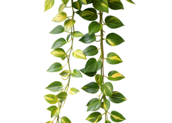 Trailing green and yellow variegated leaves of a pothos plant cascading downwards against a dark background
