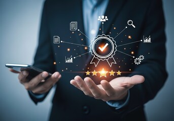 Businessman holding a smartphone and displaying a digital interface of quality assurance and customer satisfaction metrics