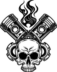 SVG of a mechanic skull design in a bold, detailed tattoo style. Skull and Crossed Pistons with Flames in a Vintage Style Design