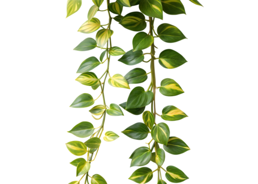 Trailing green and yellow variegated leaves of a pothos plant cascading downwards against a dark background