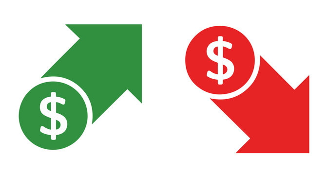 money increase and decrease icon with dollar and arrow