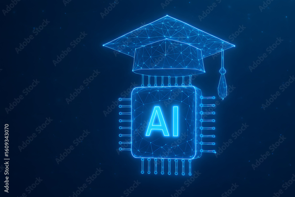 Aufkleber ai graduation: an illuminated network rendering of a graduation cap atop an ai chip, symbolizing the