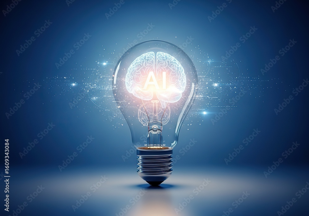 Poster illuminated lightbulb with a brain inside symbolizing innovation and creative thinking
