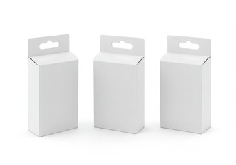 Three blank white retail boxes with hanging tabs