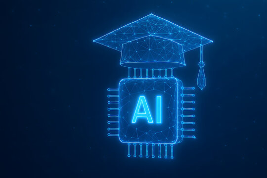 AI Graduation: An illuminated network rendering of a graduation cap atop an AI chip, symbolizing the convergence of artificial intelligence and academic achievement.