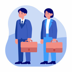 Two businesspeople standing with briefcases in formal attire  