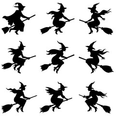 Set of nine witch silhouettes flying on brooms for Halloween design